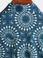 Men's Cotton 70s Leisure Vintage Blue Retro Resort Summer Beach Short Sleeve Button Up Shirt