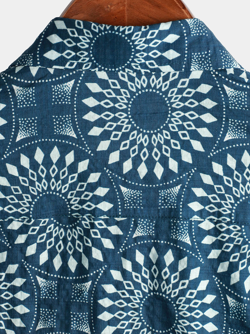 Men's Cotton 70s Leisure Vintage Blue Retro Resort Summer Beach Short Sleeve Button Up Shirt