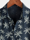 Men's Palm Tree Print Cotton Navy Blue Button Up Short Sleeve Hawaiian Shirt