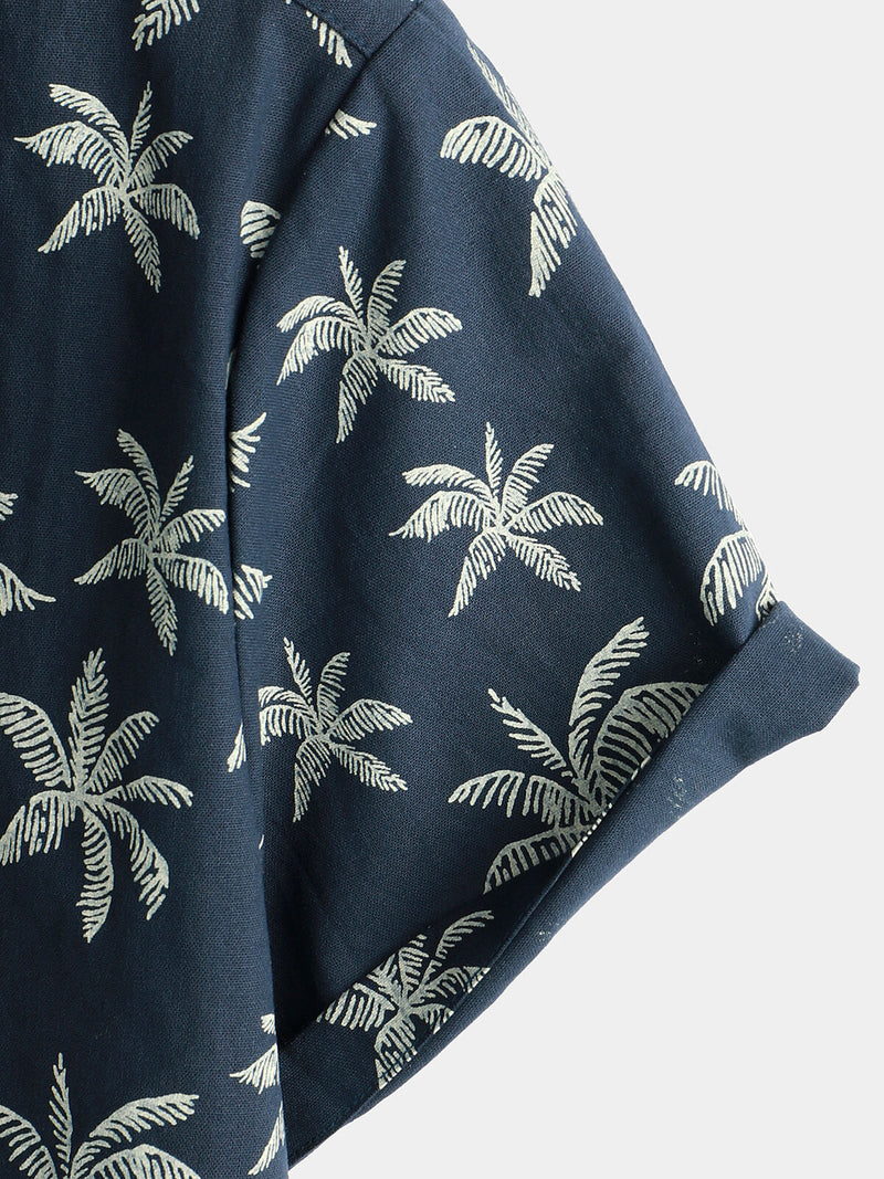 Men's Palm Tree Print Cotton Navy Blue Button Up Short Sleeve Hawaiian Shirt