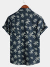 Men's Palm Tree Print Cotton Navy Blue Button Up Short Sleeve Hawaiian Shirt