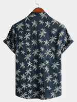 Men's Palm Tree Print Cotton Navy Blue Button Up Short Sleeve Hawaiian Shirt