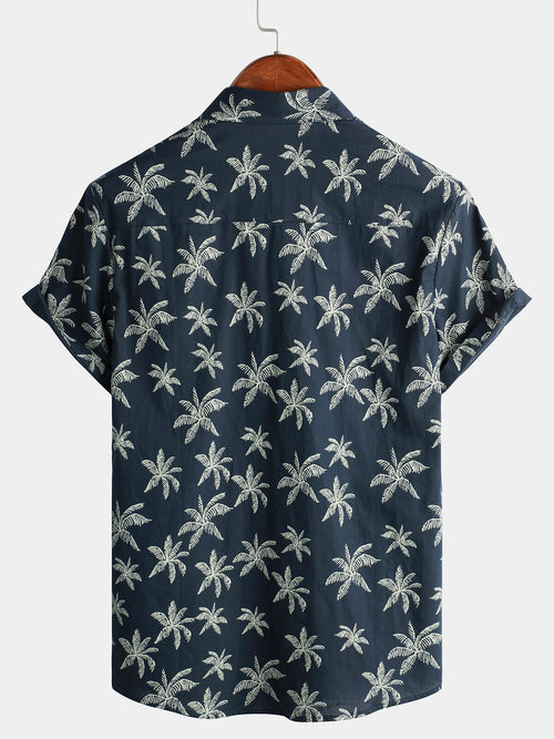 Men's Palm Tree Print Cotton Navy Blue Button Up Short Sleeve Hawaiian Shirt