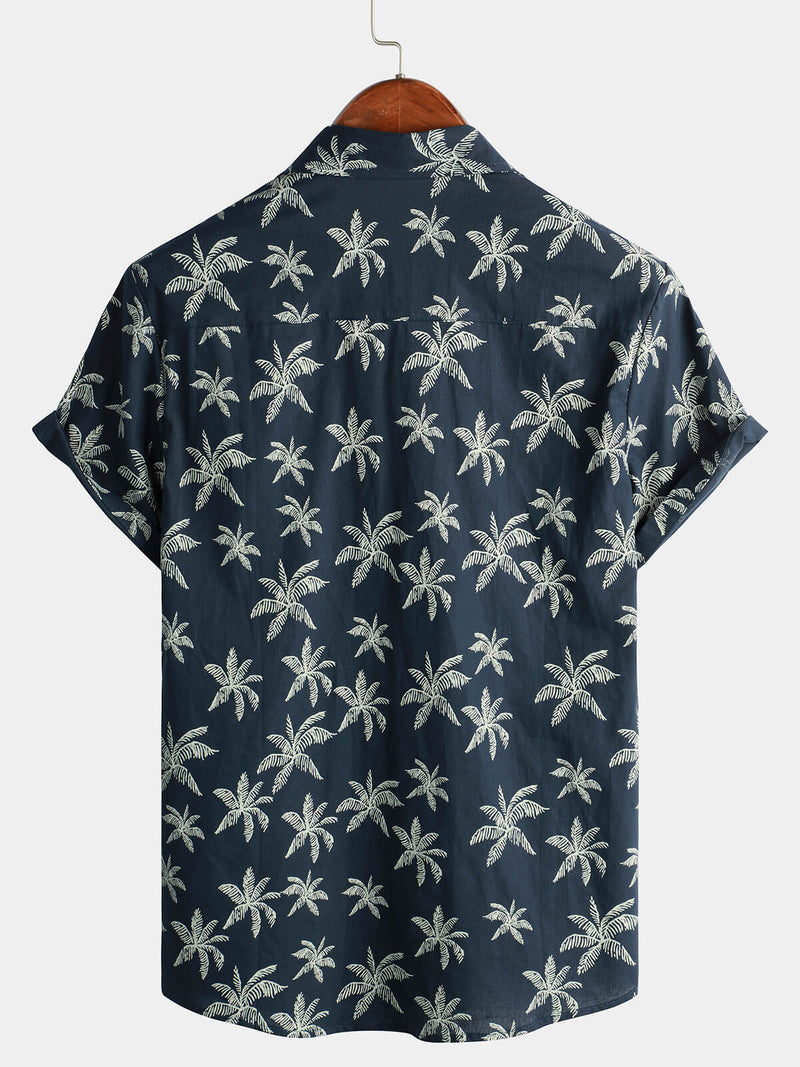 Men's Palm Tree Print Cotton Navy Blue Button Up Short Sleeve Hawaiian Shirt