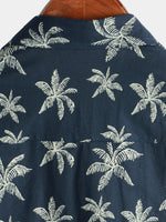Men's Palm Tree Print Cotton Navy Blue Button Up Short Sleeve Hawaiian Shirt