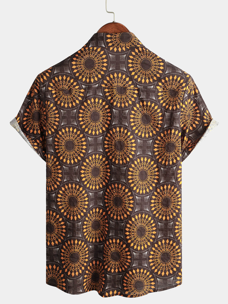 Men's Vintage Cotton 70s Leisure Brown Floral Retro Western Short Sleeve Button Up Shirt