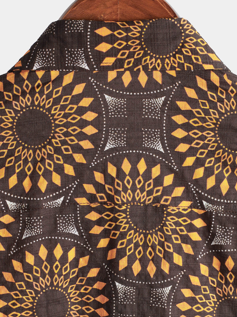 Men's Vintage Cotton 70s Leisure Brown Floral Retro Western Short Sleeve Button Up Shirt