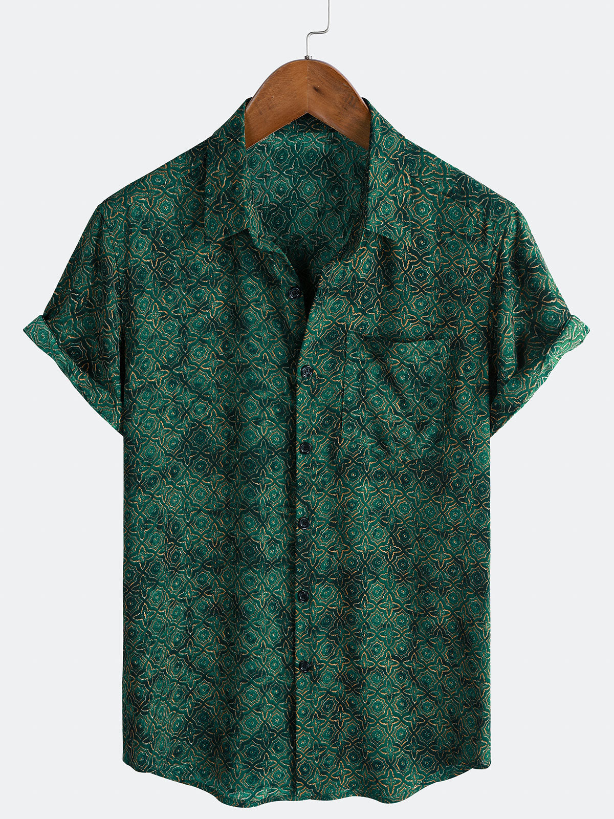 Men's Green Vintage Geometric Casual Short Sleeve Shirt