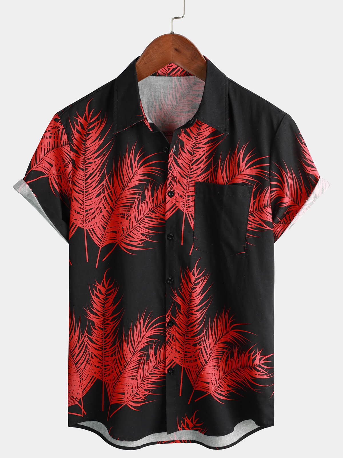 Men's Hawaiian Palm Leaf Print Cotton Linen Button Up Short Sleeve Shirt