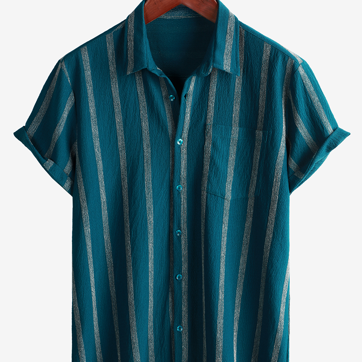 Men's Summer Striped Pocket Button Up Short Sleeve Vintage Beach Hawaiian Shirt