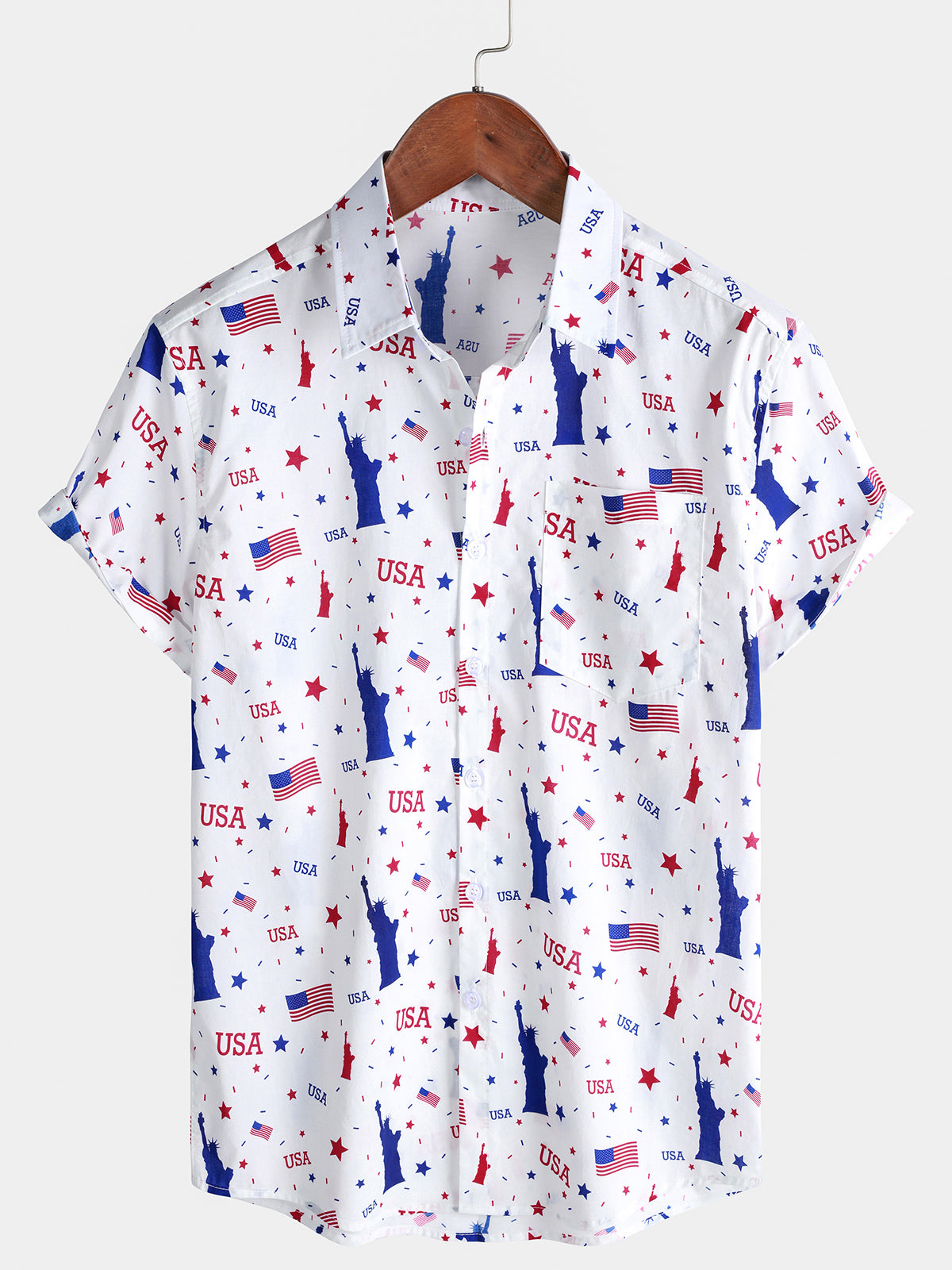 Men's USA Statue of Liberty Flag Star Print Short Sleeve Shirt
