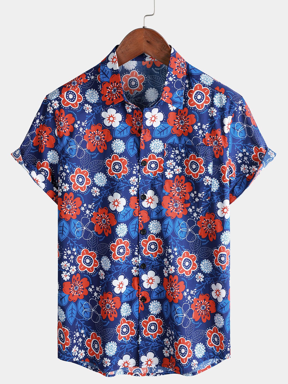 Men's Red White Blue Floral Print Holiday Short Sleeve  Shirt