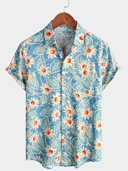 Bundle Of 3 | Men's Retro Beach Hawaiian Cotton Holiday Button Up Blue Short Sleeve Floral Shirts