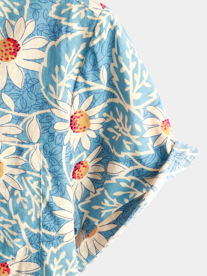 Bundle Of 3 | Men's Retro Beach Hawaiian Cotton Holiday Button Up Blue Short Sleeve Floral Shirts