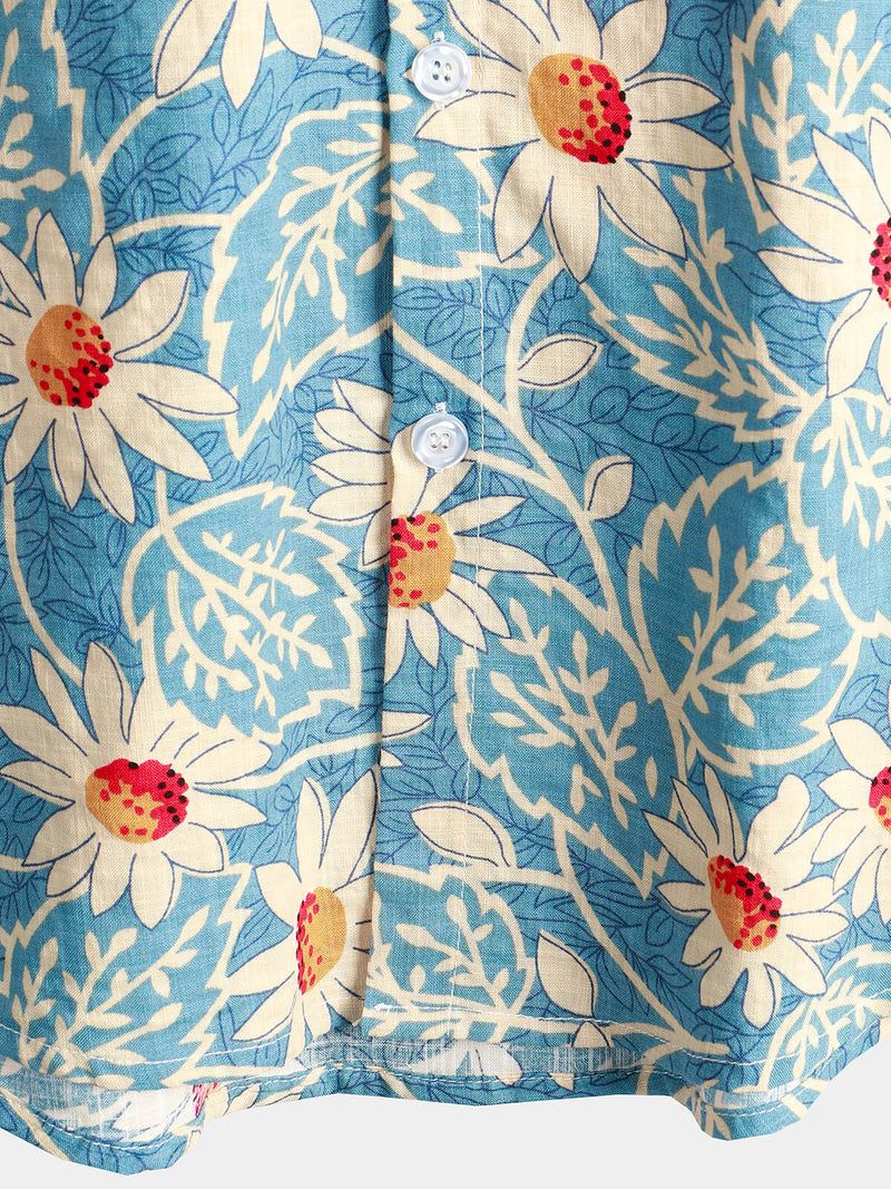 Bundle Of 2 | Men's Retro Beach Hawaiian Cotton Short Sleeve Floral Shirt & Linen Cotton Shorts