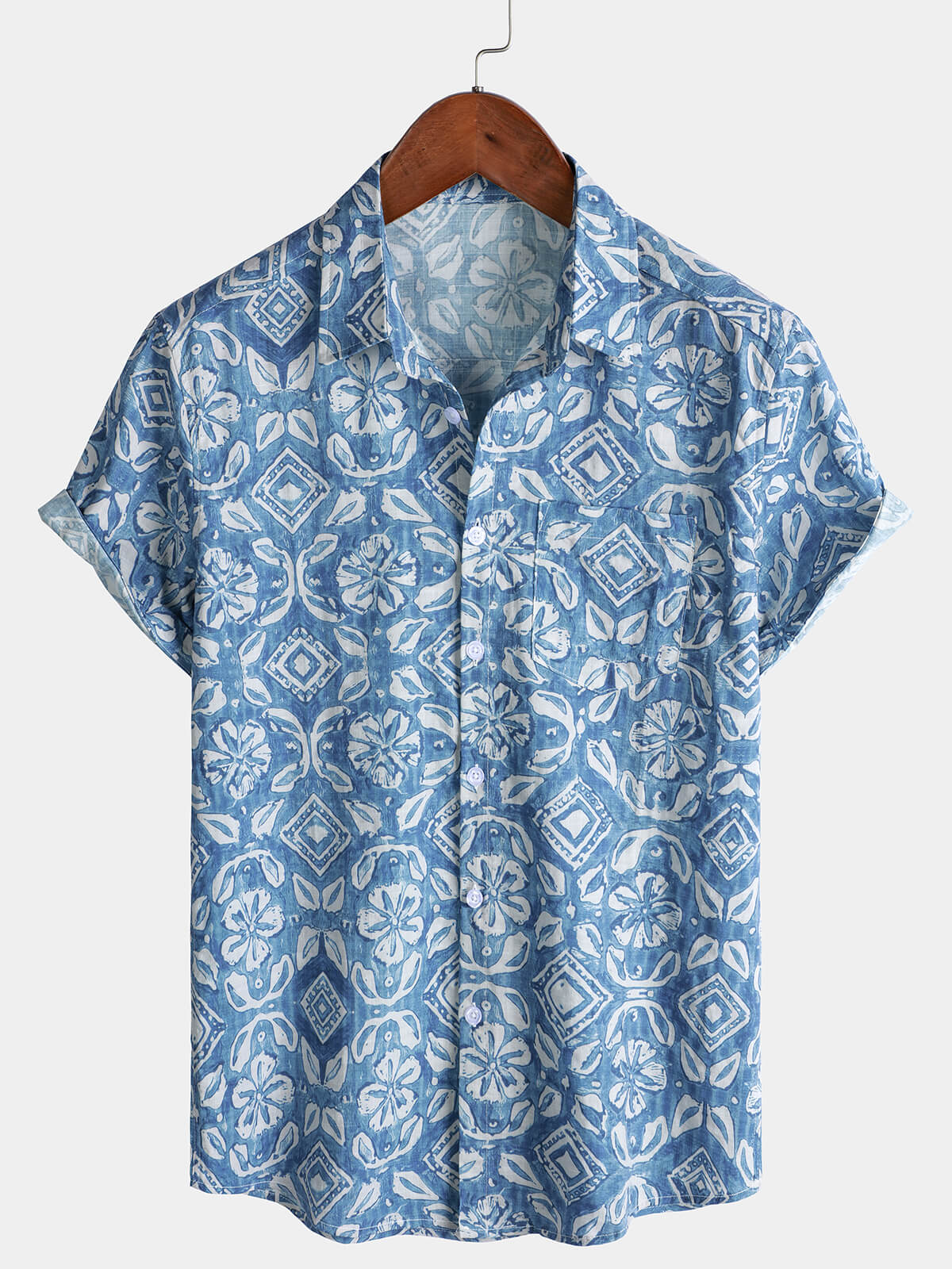 Men's Summer Floral Print Beach Blue Pocket Short Sleeve Shirt