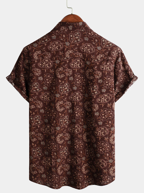 Men's Paisley Vintage Floral Retro Button Up Burgundy Short Sleeve Shirt