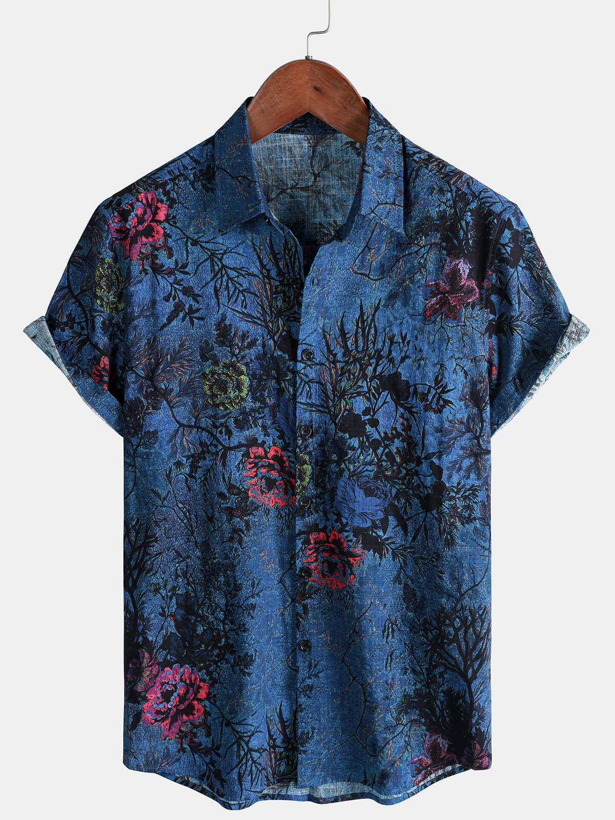 Men's Blue Vintage Floral Print Button Up Short Sleeve Shirt