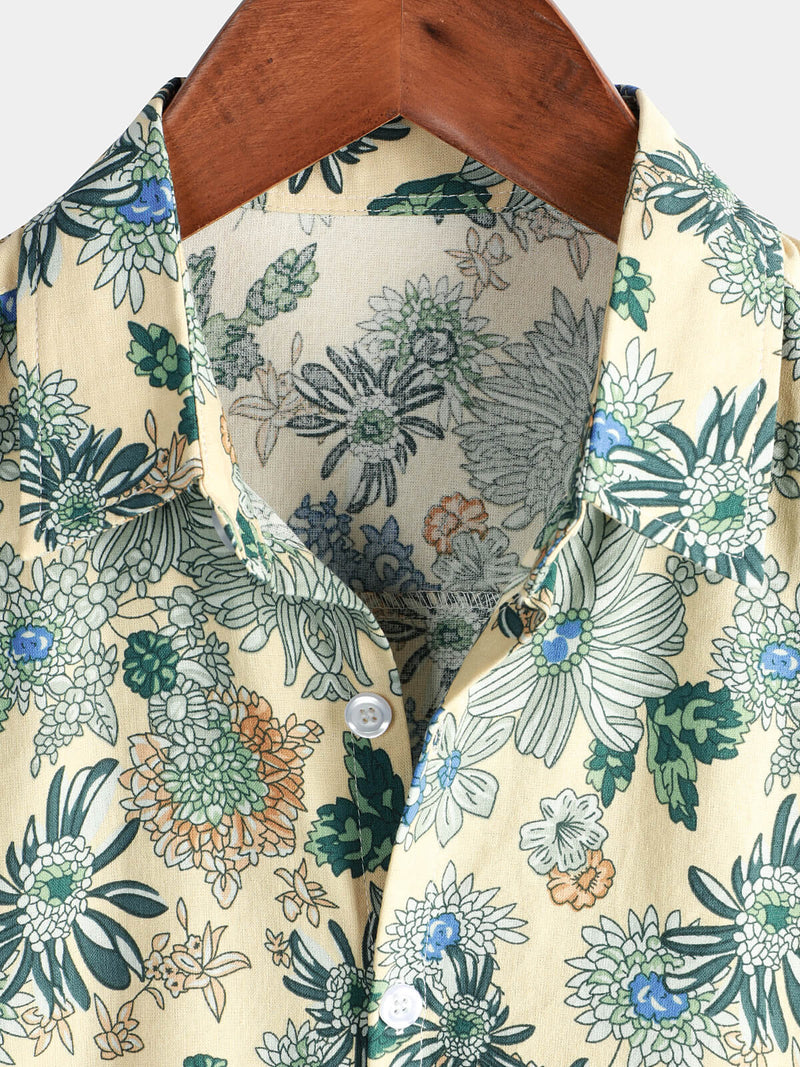 Men's Cotton Vintage Green Floral Printed Retro Casual Button Up Cool Beach Short Sleeve Shirt