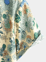 Men's Cotton Vintage Green Floral Printed Retro Casual Button Up Cool Beach Short Sleeve Shirt