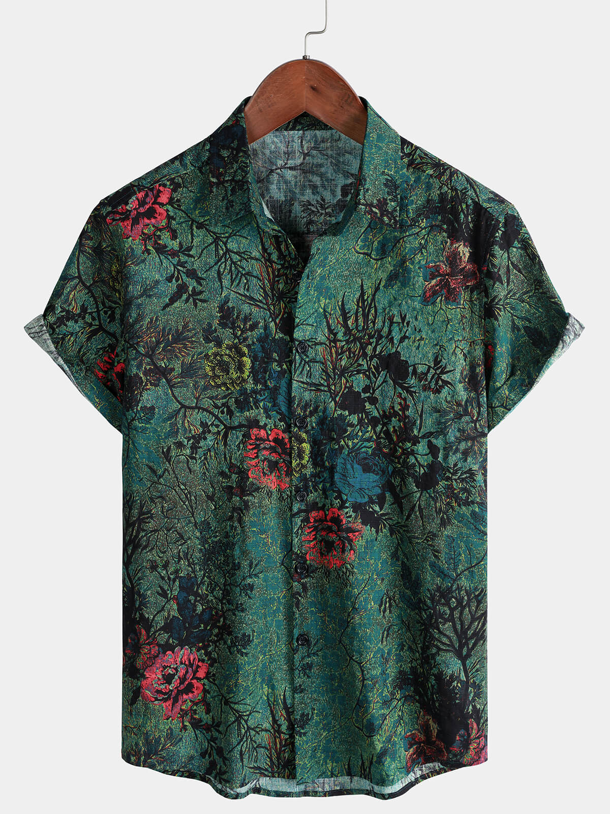 Men's Green Vintage Floral Print Soft Summer Short Sleeve Shirt