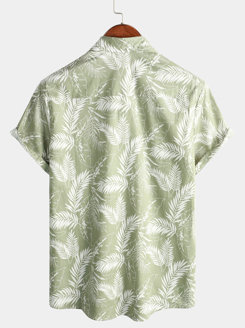 Men's Light Green Hawaiian Soft Tropical Leaf Beach Holiday Cotton Breathable Button Up Short Sleeve Shirt