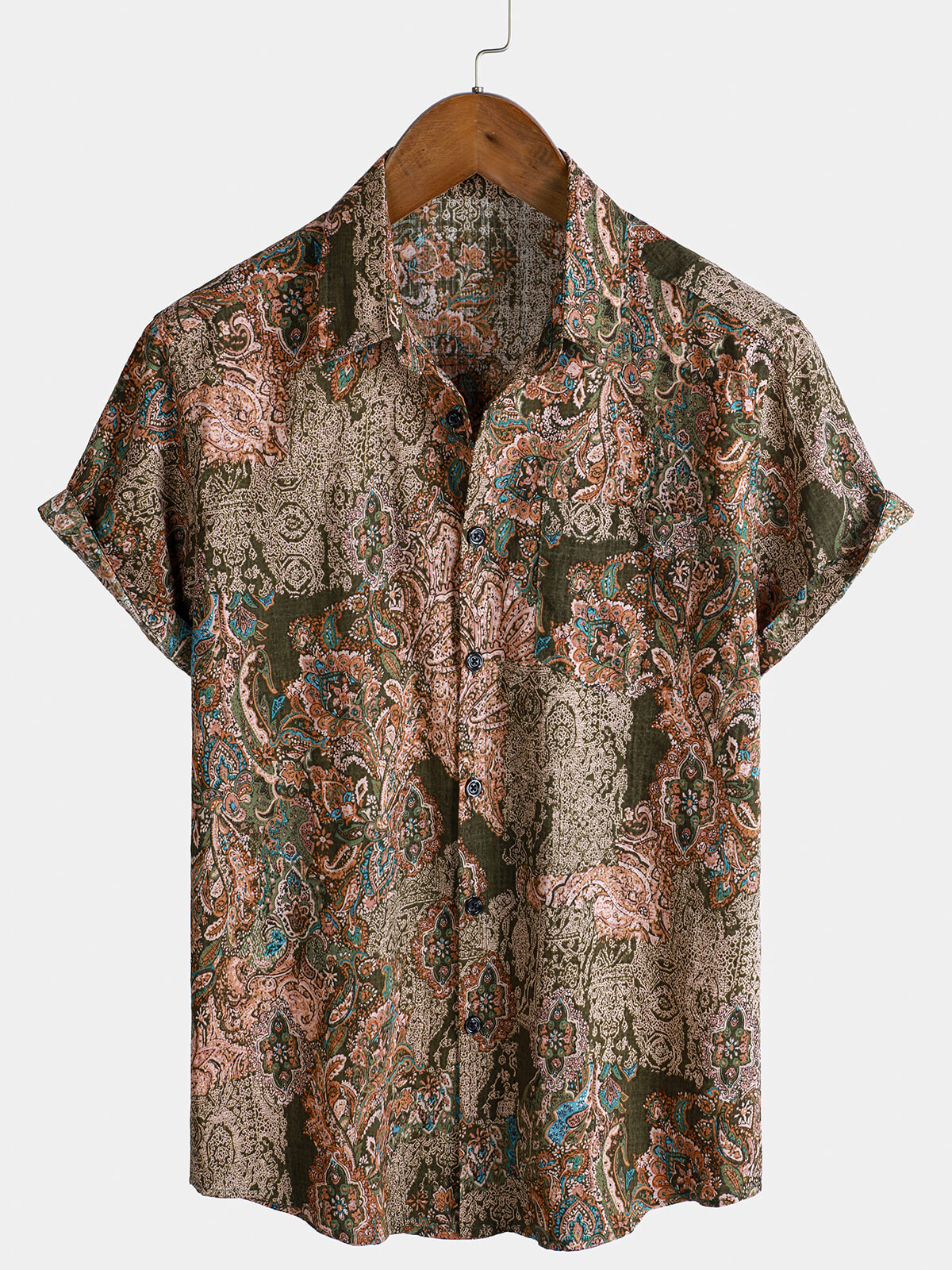 Men's Vintage Paisley Print Holiday Cotton Short Sleeve Shirt
