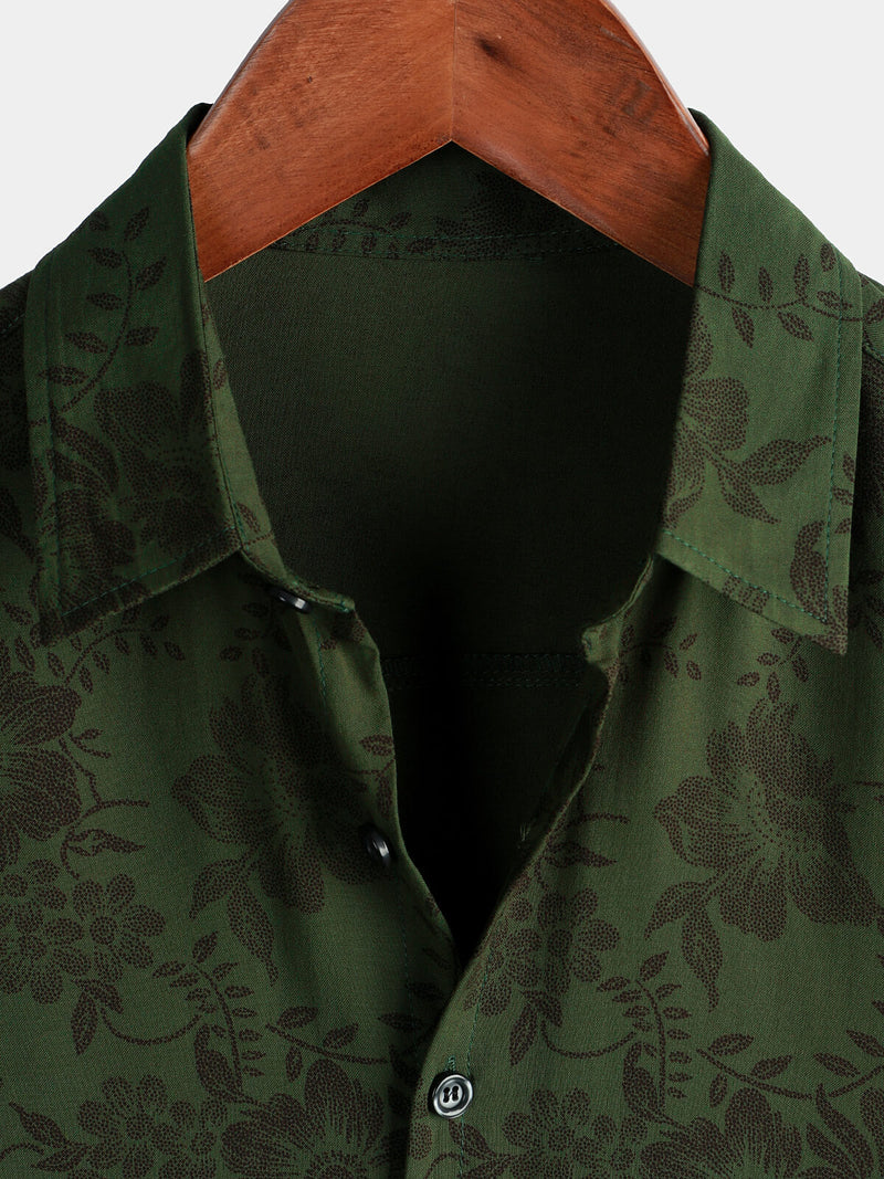 Men's Floral Dark Green Hawaiian Vintage Soft Rayon Beach Holiday Button Up Short Sleeve Shirt