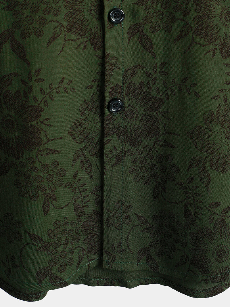 Men's Floral Dark Green Hawaiian Vintage Soft Rayon Beach Holiday Button Up Short Sleeve Shirt