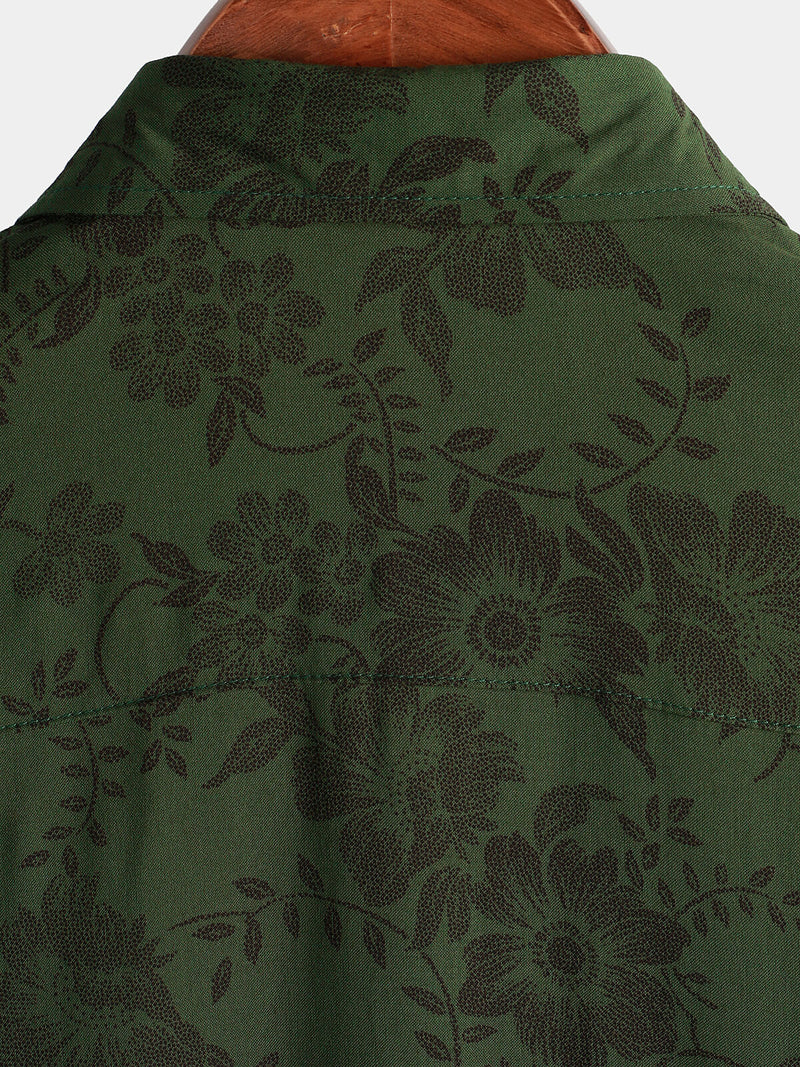 Men's Floral Dark Green Hawaiian Vintage Soft Rayon Beach Holiday Button Up Short Sleeve Shirt