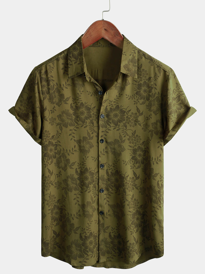 Men's Vintage Floral Green Short Sleeve Cool Retro 70s Summer Button Up Shirt