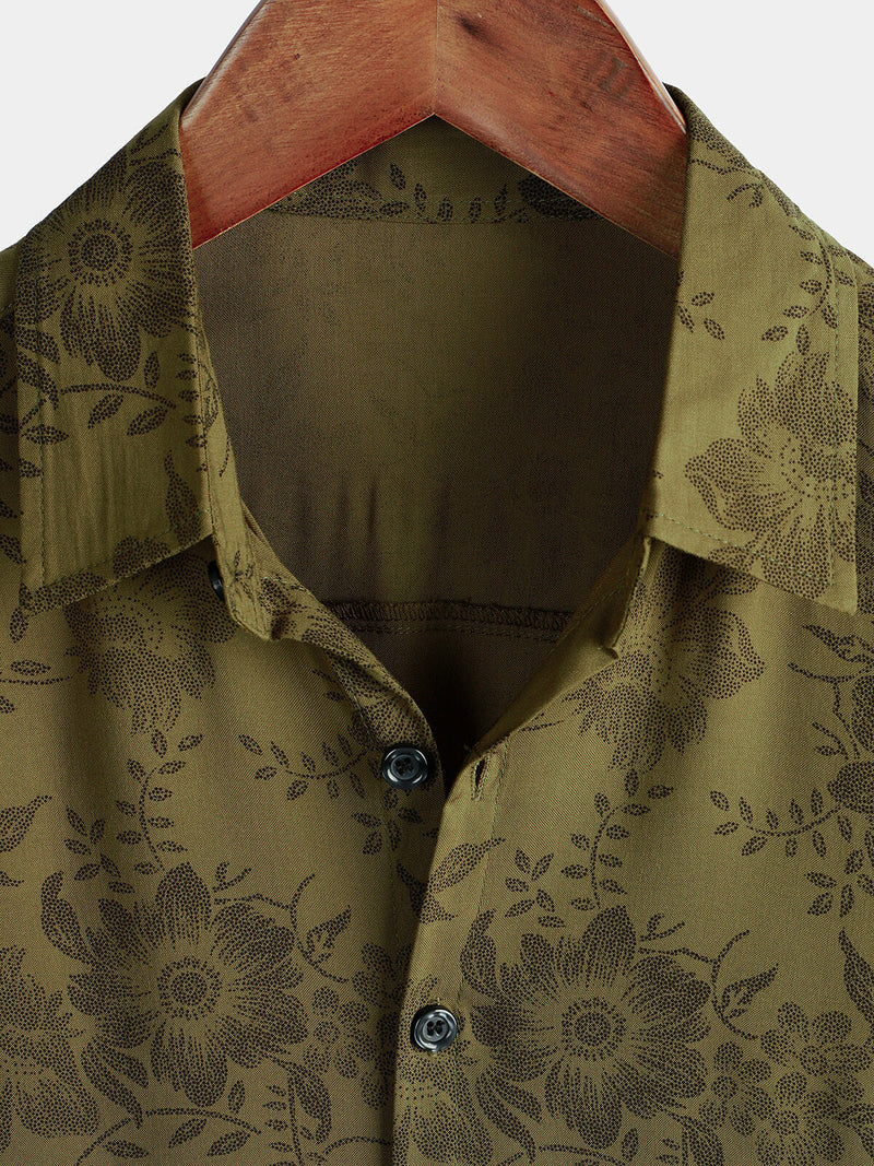 Men's Vintage Floral Green Short Sleeve Cool Retro 70s Summer Button Up Shirt