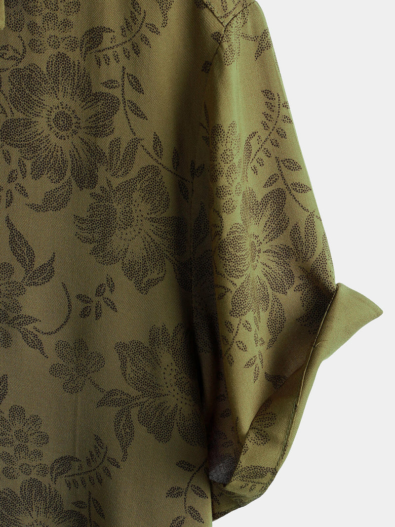 Men's Vintage Floral Green Short Sleeve Cool Retro 70s Summer Button Up Shirt