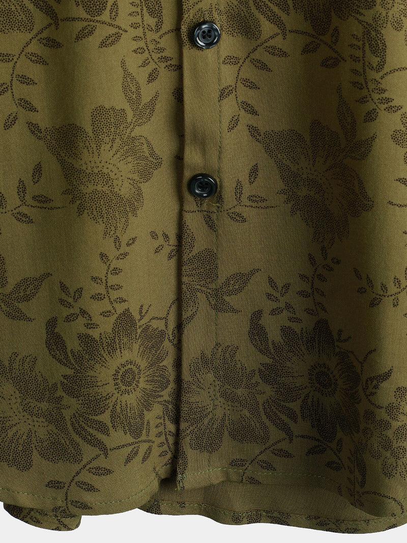 Men's Vintage Floral Green Short Sleeve Cool Retro 70s Summer Button Up Shirt