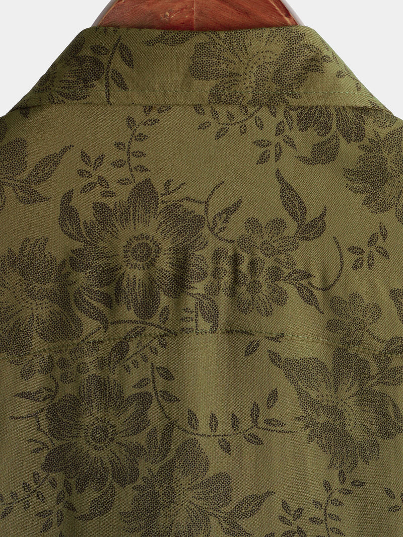 Men's Vintage Floral Green Short Sleeve Cool Retro 70s Summer Button Up Shirt