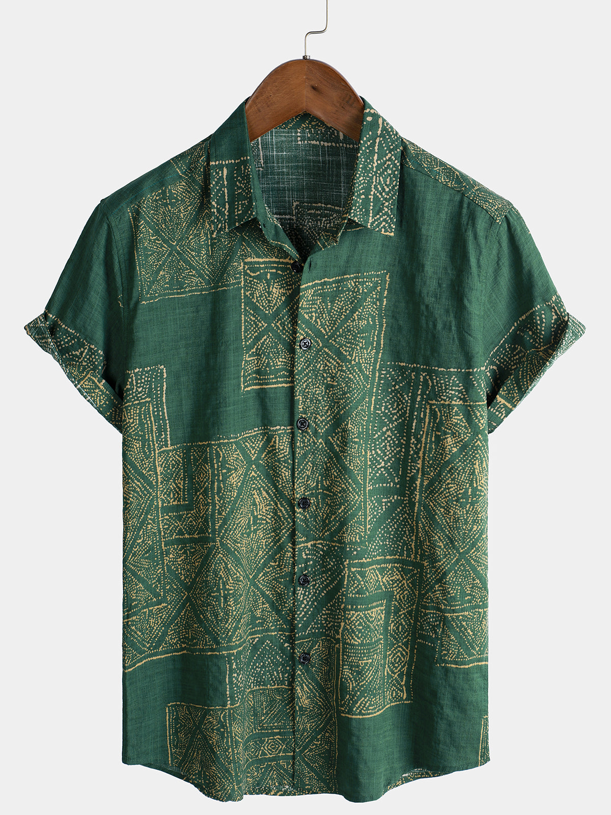 Men's Green Vintage Print Breathable Cotton Short Sleeve Shirt