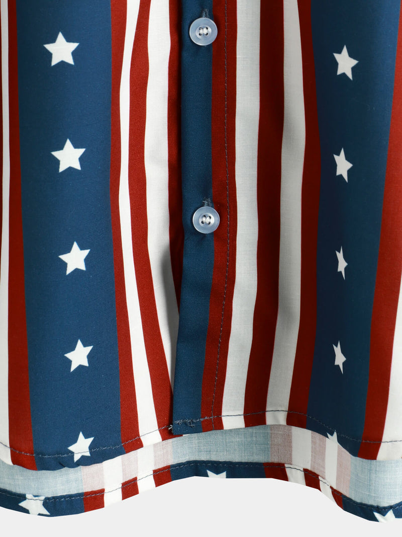 Men's Casual Holiday 4th of July Striped Print American Flag USA Patriotic Button Short Sleeve Shirt