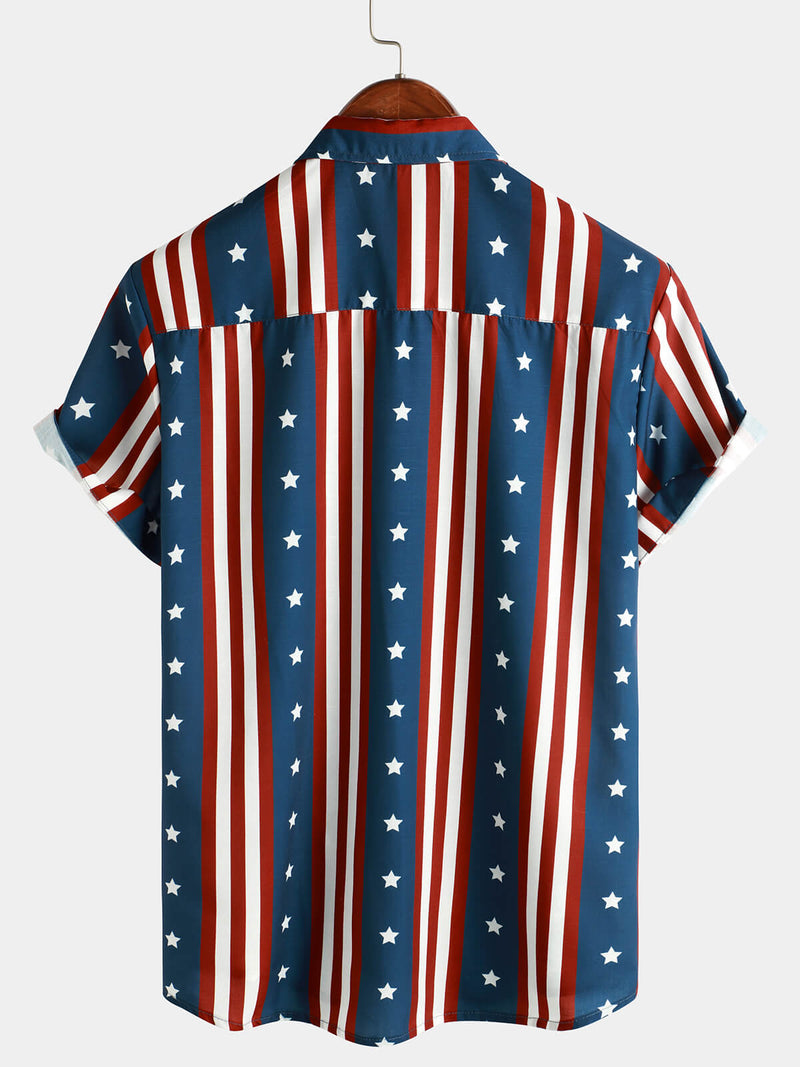 Men's Casual Holiday 4th of July Striped Print American Flag USA Patriotic Button Short Sleeve Shirt