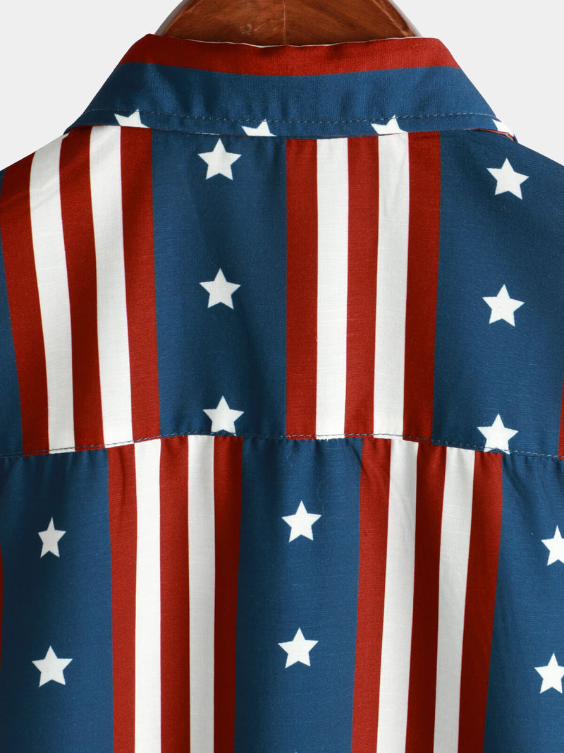 Men's Casual Holiday 4th of July Striped Print American Flag USA Patriotic Button Short Sleeve Shirt