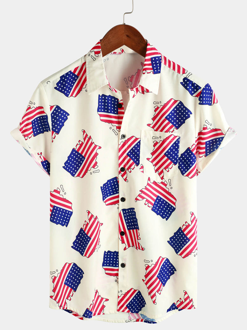 Men's 4th of July Print Holiday American Flag USA Patriotic Button Summer Short Sleeve Shirt