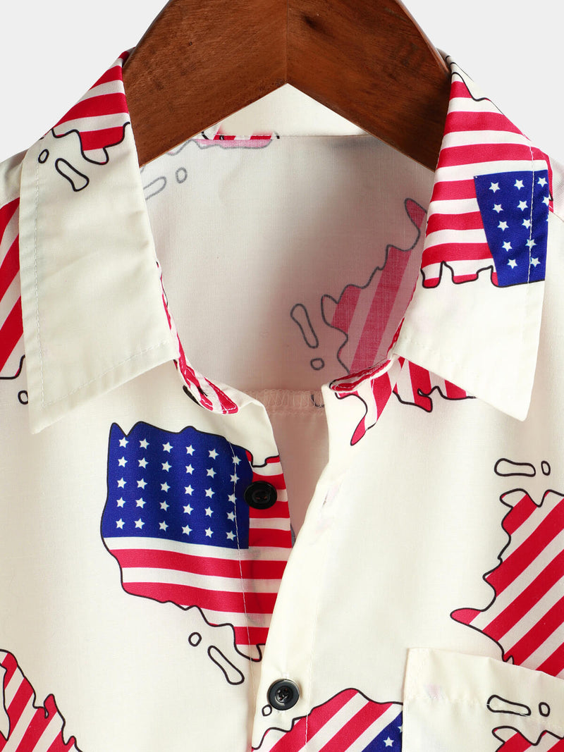 Men's 4th of July Print Holiday American Flag USA Patriotic Button Summer Short Sleeve Shirt