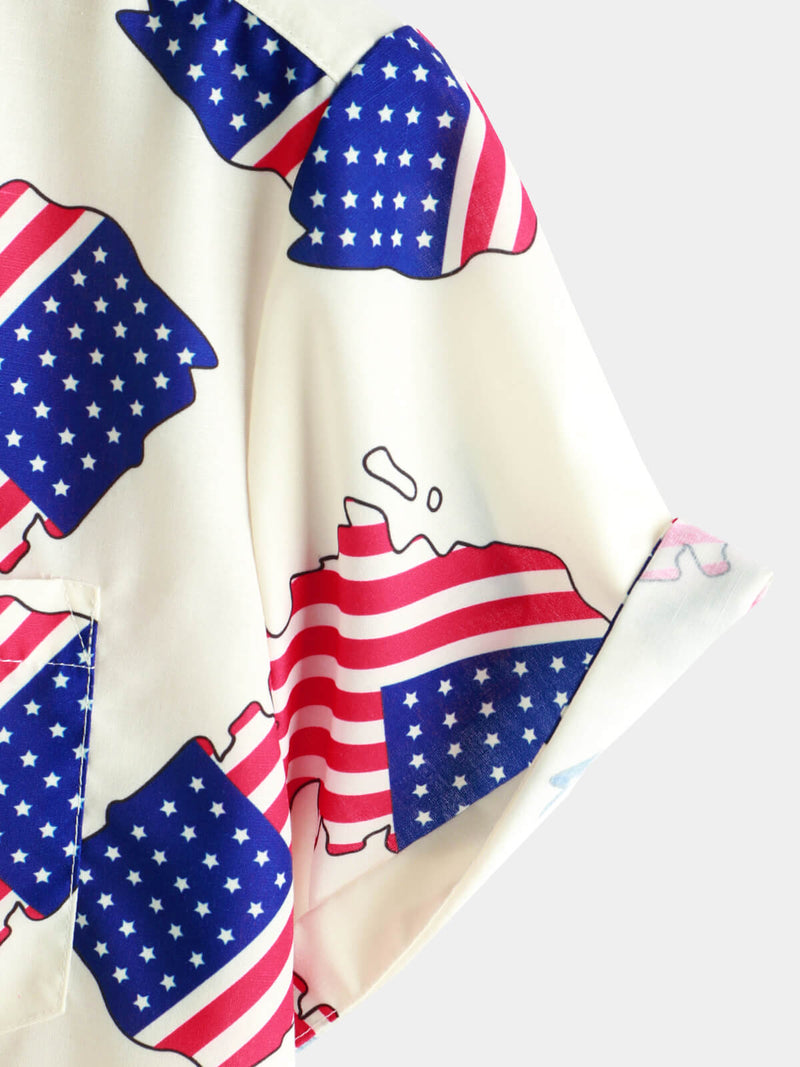 Men's 4th of July Print Holiday American Flag USA Patriotic Button Summer Short Sleeve Shirt