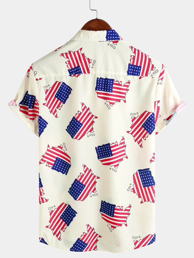 Men's 4th of July Print Holiday American Flag USA Patriotic Button Summer Short Sleeve Shirt