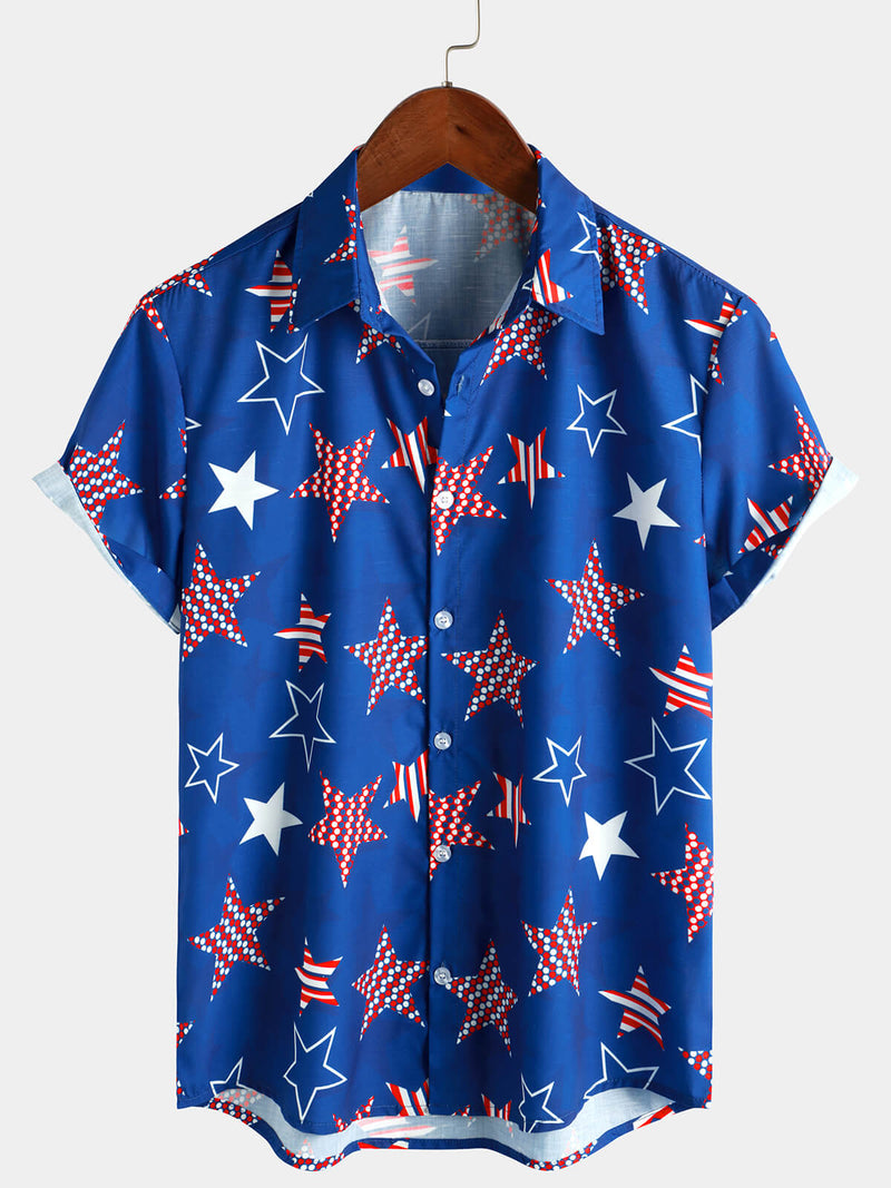 Men's 4th of July Cute Star Print American Flag USA Patriotic Button Beach Holiday Short Sleeve Shirt