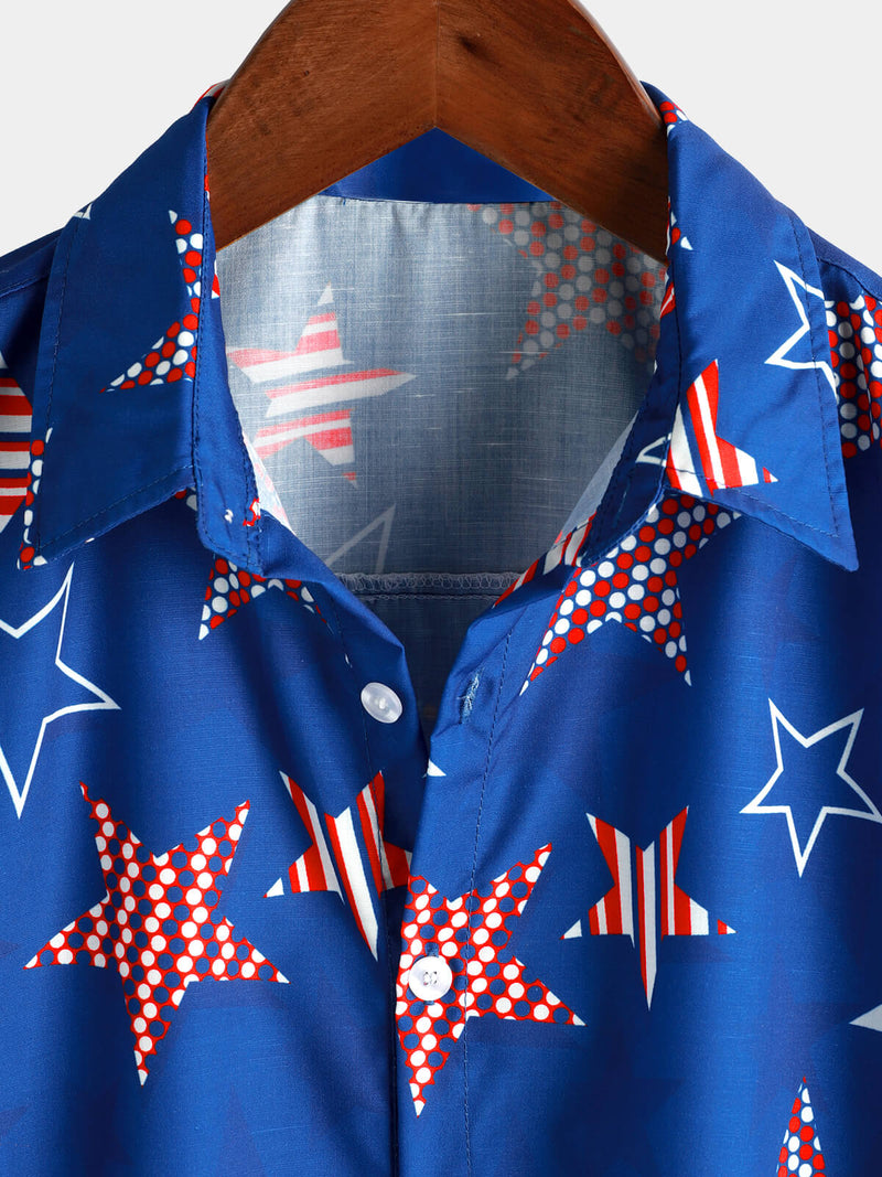 Men's 4th of July Cute Star Print American Flag USA Patriotic Button Beach Holiday Short Sleeve Shirt