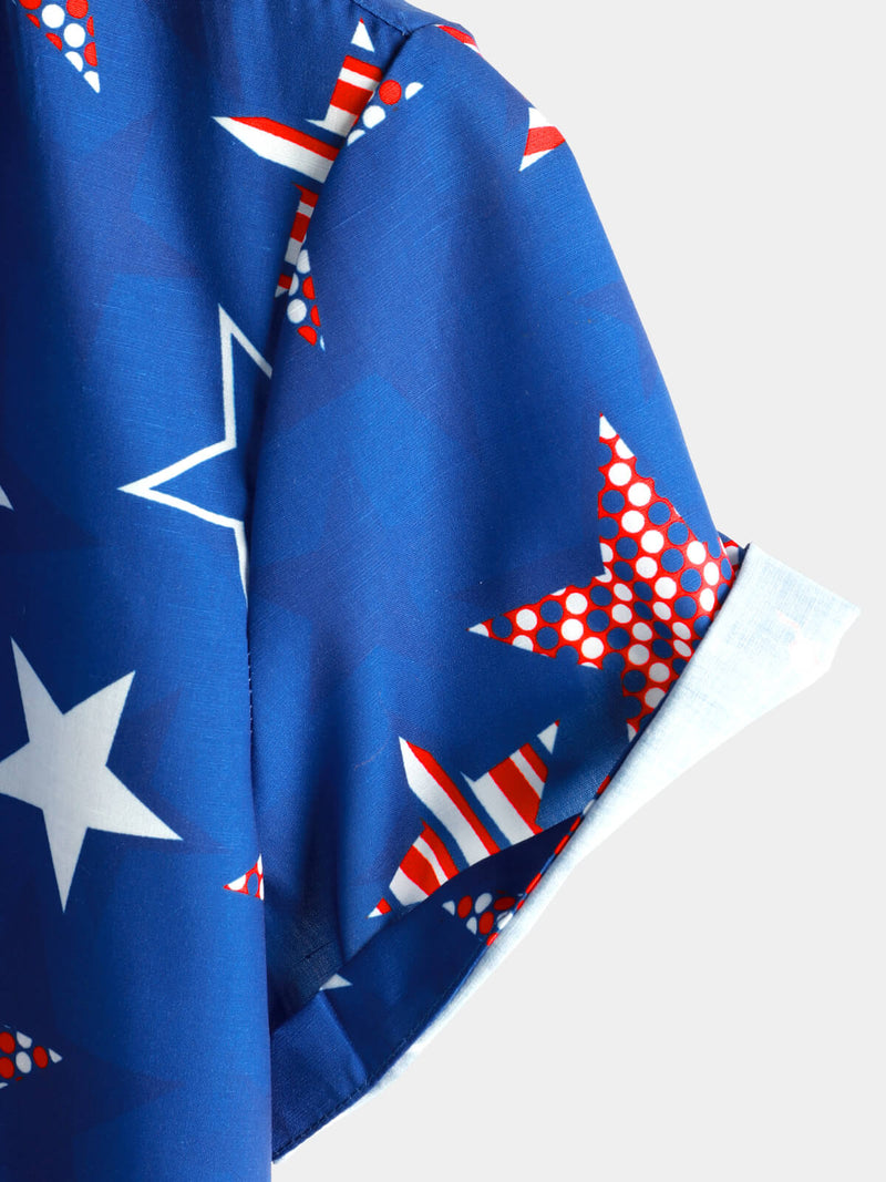 Men's 4th of July Cute Star Print American Flag USA Patriotic Button Beach Holiday Short Sleeve Shirt