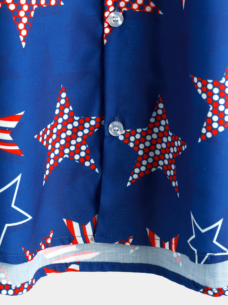 Men's 4th of July Cute Star Print American Flag USA Patriotic Button Beach Holiday Short Sleeve Shirt