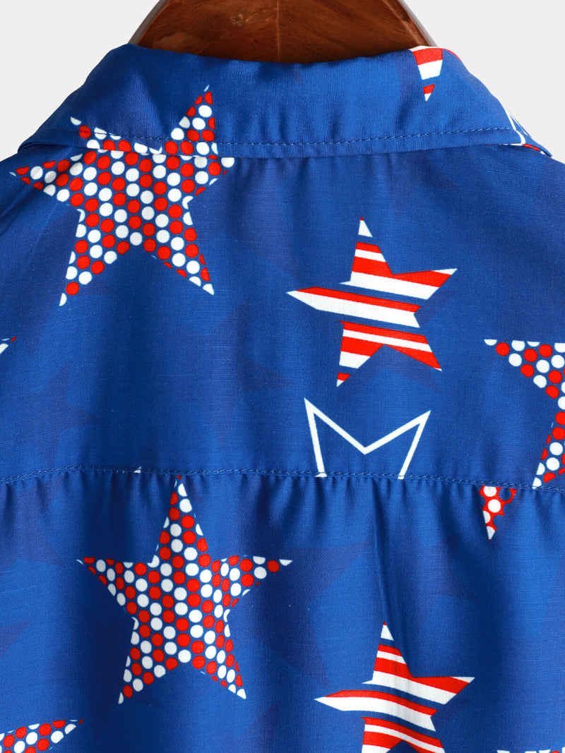 Men's 4th of July Cute Star Print American Flag USA Patriotic Button Beach Holiday Short Sleeve Shirt