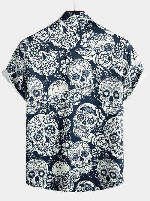 Men's Sugar Skull Floral Print Cool Button Up Funny Short Sleeve Hawaiian Shirt