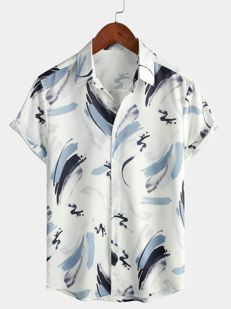Men's Summer Casual Geometric Art Short Sleeve Holiday Button Up Shirt